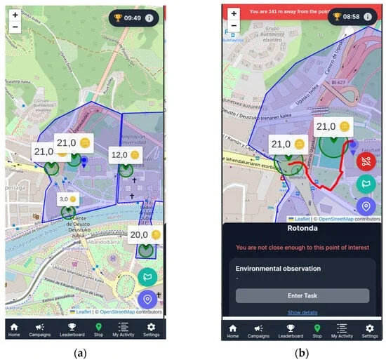 Interfaz de mapa de la aplicación web GREENCROWD mostrando los POIs activos y las recompensas de puntos asociadas, y cuando el usuario selecciona un punto y crea una ruta para llegar a él.