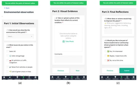Las tareas comprendían tres etapas: evaluaciones de percepción ambiental, envío de fotos georreferenciadas e indicadores de intención de participación con sugerencias.